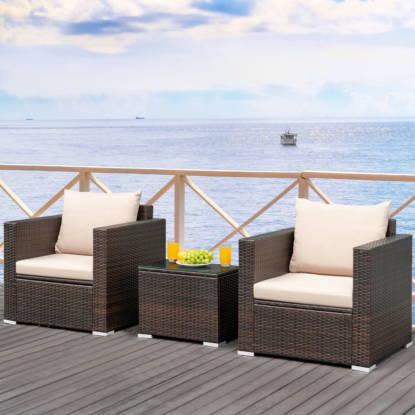 3 Pcs Patio Conversation Rattan Furniture Set with Cushion, Beige Patio Conversation Sets   at Gallery Canada