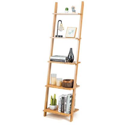 5-Tier Ladder Shelf Modern Bamboo Leaning Bookshelf Ladder Bookcase, Natural - Gallery Canada