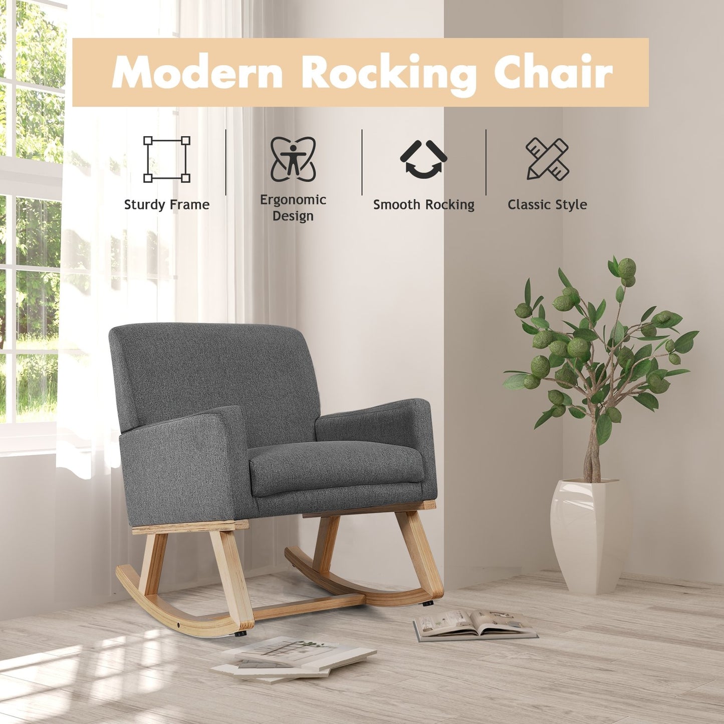 Upholstered Rocking Chair with and Solid Wood Base, Gray Accent Chairs   at Gallery Canada