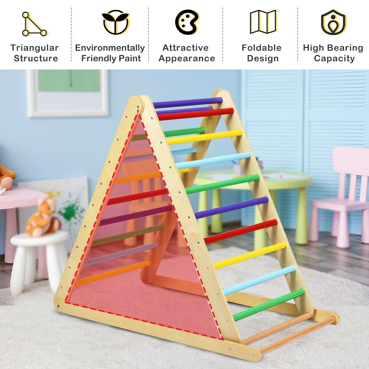 Foldable Wooden Climbing Triangle Indoor with Ladder for Toddler Baby, Multicolor Climbers & Slides   at Gallery Canada