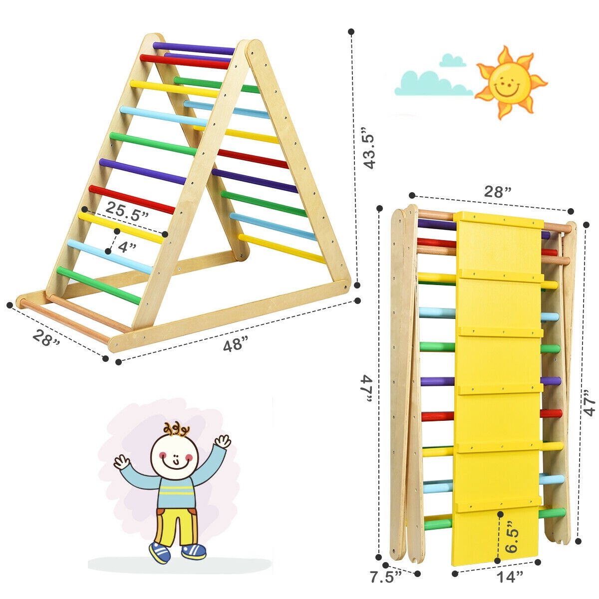 Foldable Wooden Climbing Triangle Indoor with Ladder for Toddler Baby, Multicolor Climbers & Slides   at Gallery Canada