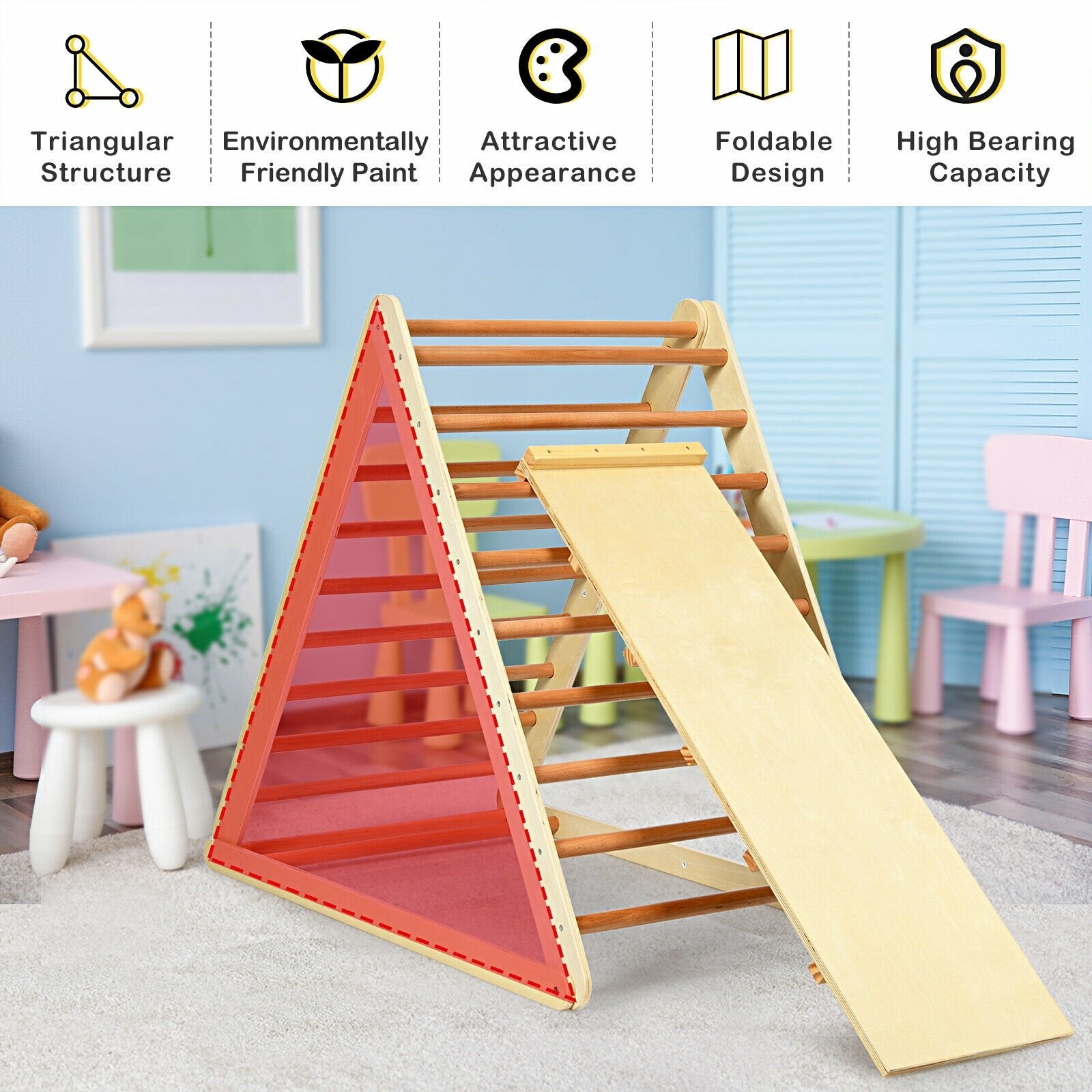 Foldable Wooden Climbing Triangle Indoor with Ladder for Toddler Baby, Natural Climbers & Slides   at Gallery Canada