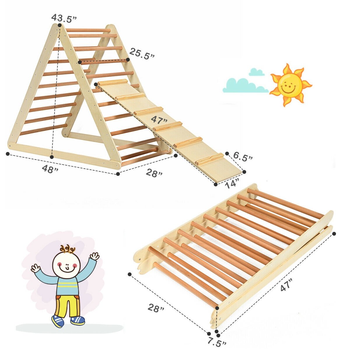 Foldable Wooden Climbing Triangle Indoor with Ladder for Toddler Baby, Natural Climbers & Slides   at Gallery Canada