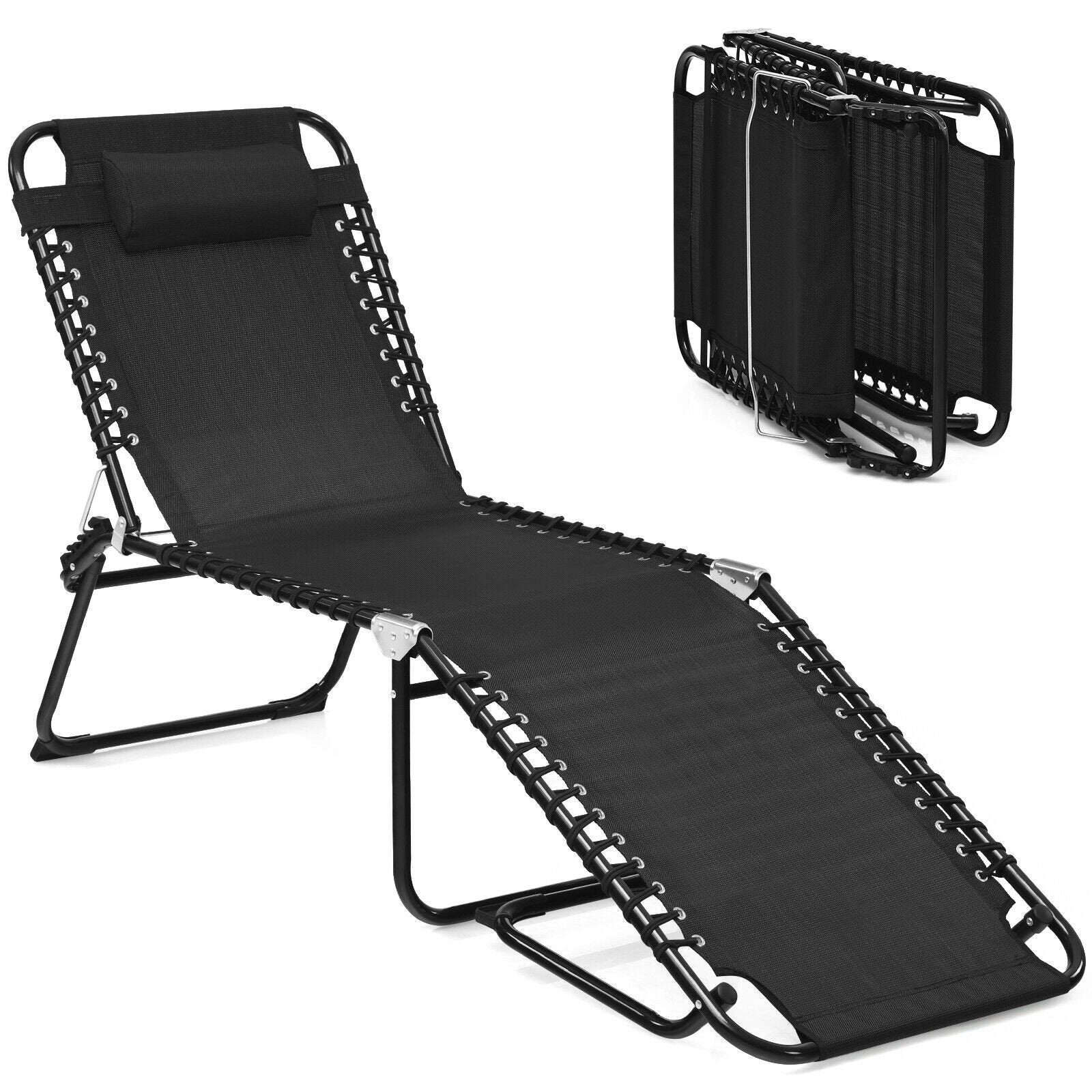 Folding Heightening Design Beach Lounge Chair with Pillow for Patio, Black Outdoor Chaise Lounges   at Gallery Canada