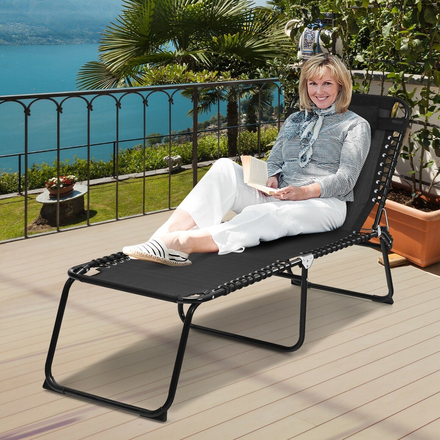 Folding Heightening Design Beach Lounge Chair with Pillow for Patio, Black Outdoor Chaise Lounges   at Gallery Canada