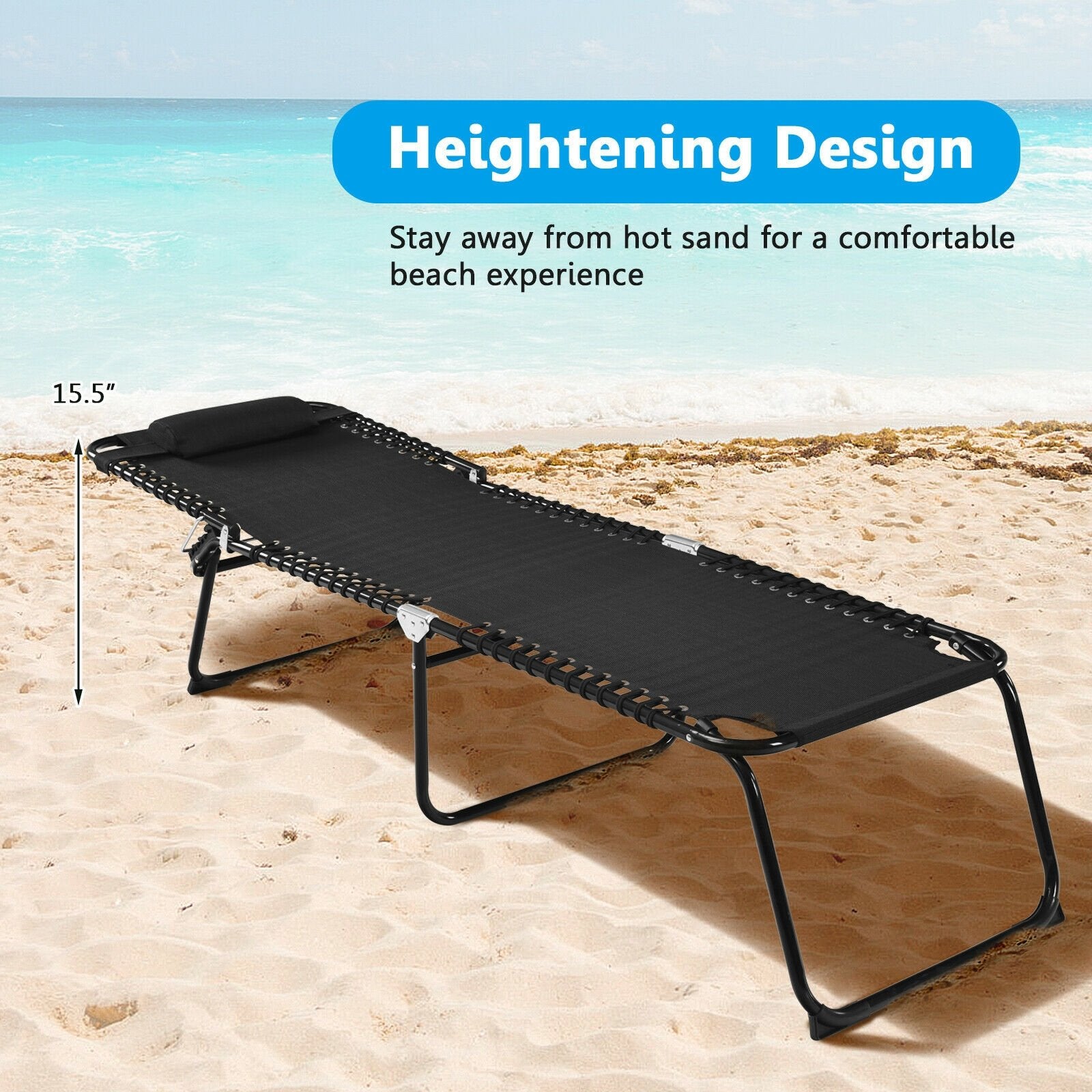 Folding Heightening Design Beach Lounge Chair with Pillow for Patio, Black Outdoor Chaise Lounges   at Gallery Canada