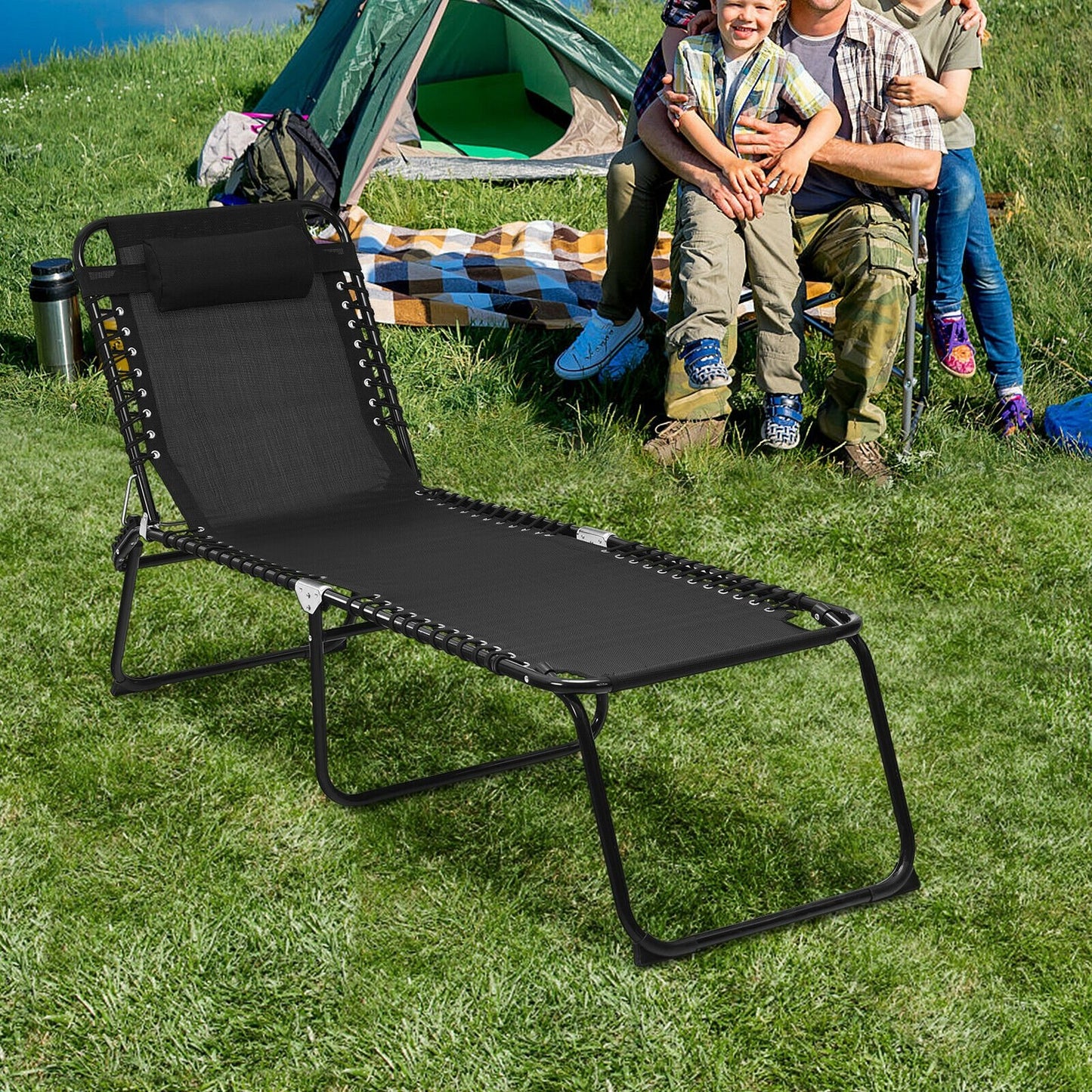 Folding Heightening Design Beach Lounge Chair with Pillow for Patio, Black Outdoor Chaise Lounges   at Gallery Canada