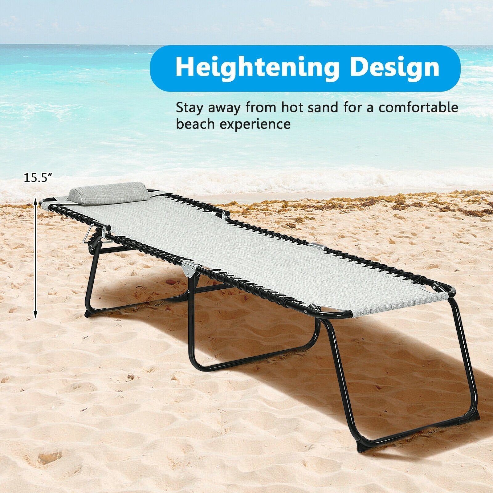 Folding Heightening Design Beach Lounge Chair with Pillow for Patio, Gray Outdoor Chaise Lounges   at Gallery Canada