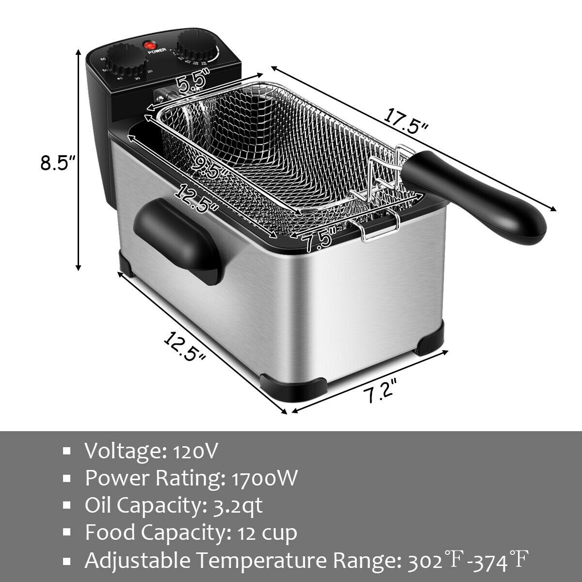 3.2 Quart Electric Stainless Steel Deep Fryer with Timer, Silver Air Fryers   at Gallery Canada