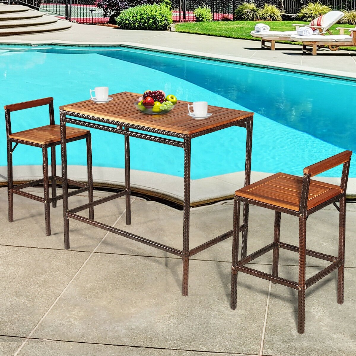 3 Pieces Patio Rattan Wicker Bar Dining Furniture Set, Natural Patio Bar Furniture   at Gallery Canada