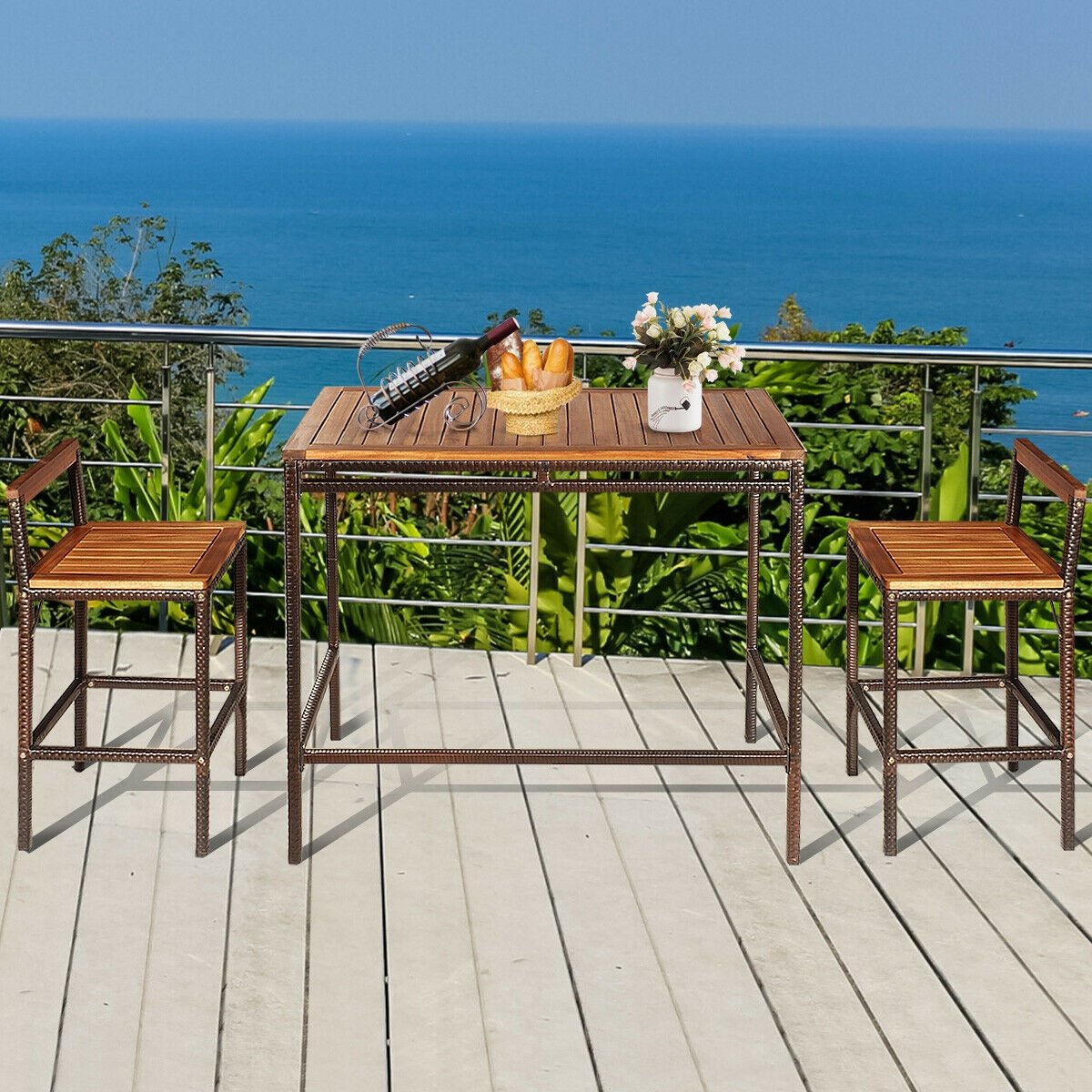 3 Pieces Patio Rattan Wicker Bar Dining Furniture Set, Natural Patio Bar Furniture   at Gallery Canada