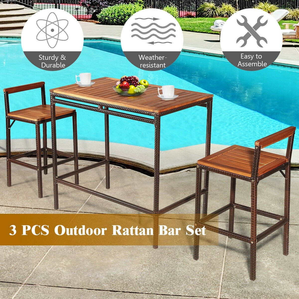 3 Pieces Patio Rattan Wicker Bar Dining Furniture Set, Natural Patio Bar Furniture   at Gallery Canada