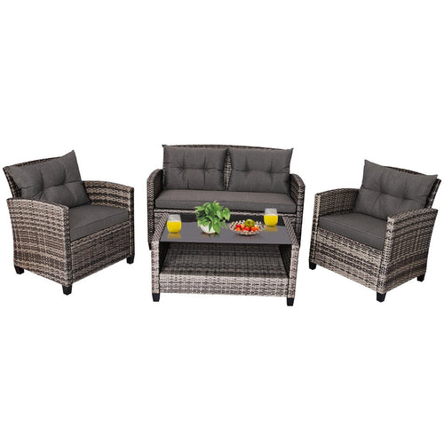 4 Pieces Patio Rattan Furniture Set Coffee Table Cushioned Sofa, Gray