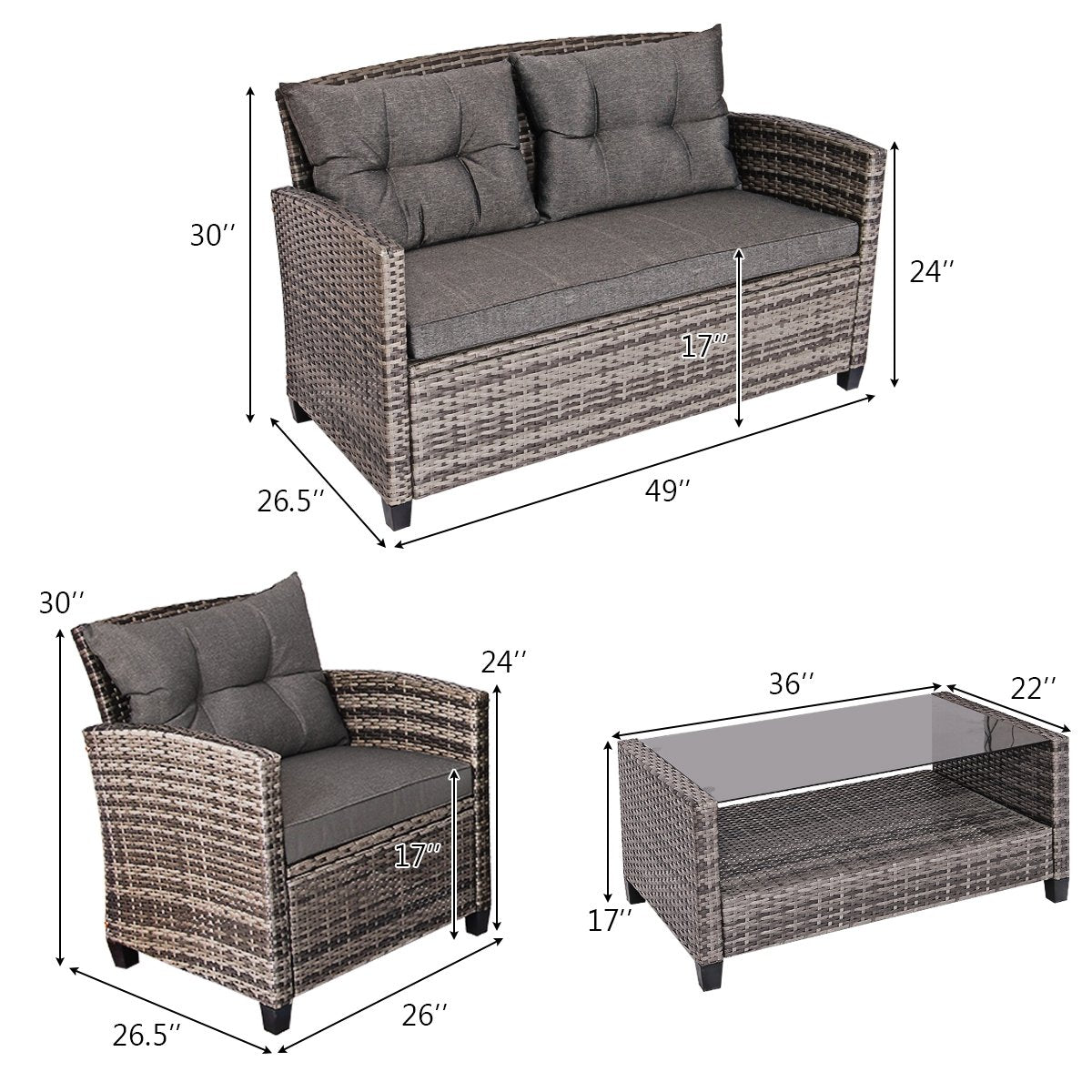4 Pieces Patio Rattan Furniture Set Coffee Table Cushioned Sofa, Gray Patio Conversation Sets   at Gallery Canada