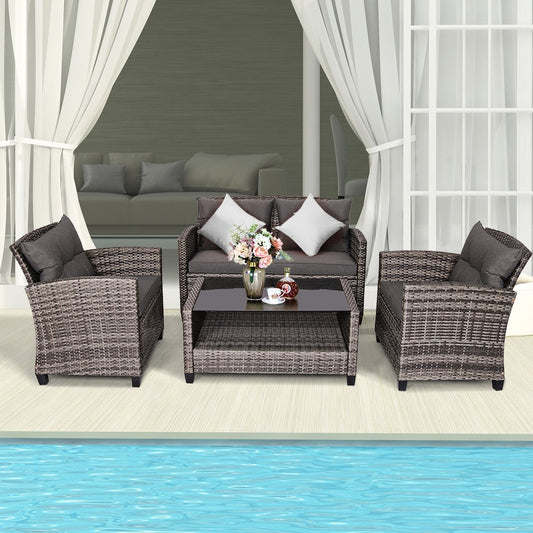 4 Pieces Patio Rattan Furniture Set Coffee Table Cushioned Sofa, Gray Patio Conversation Sets   at Gallery Canada