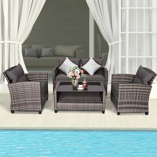 4 Pieces Patio Rattan Furniture Set Coffee Table Cushioned Sofa, Gray