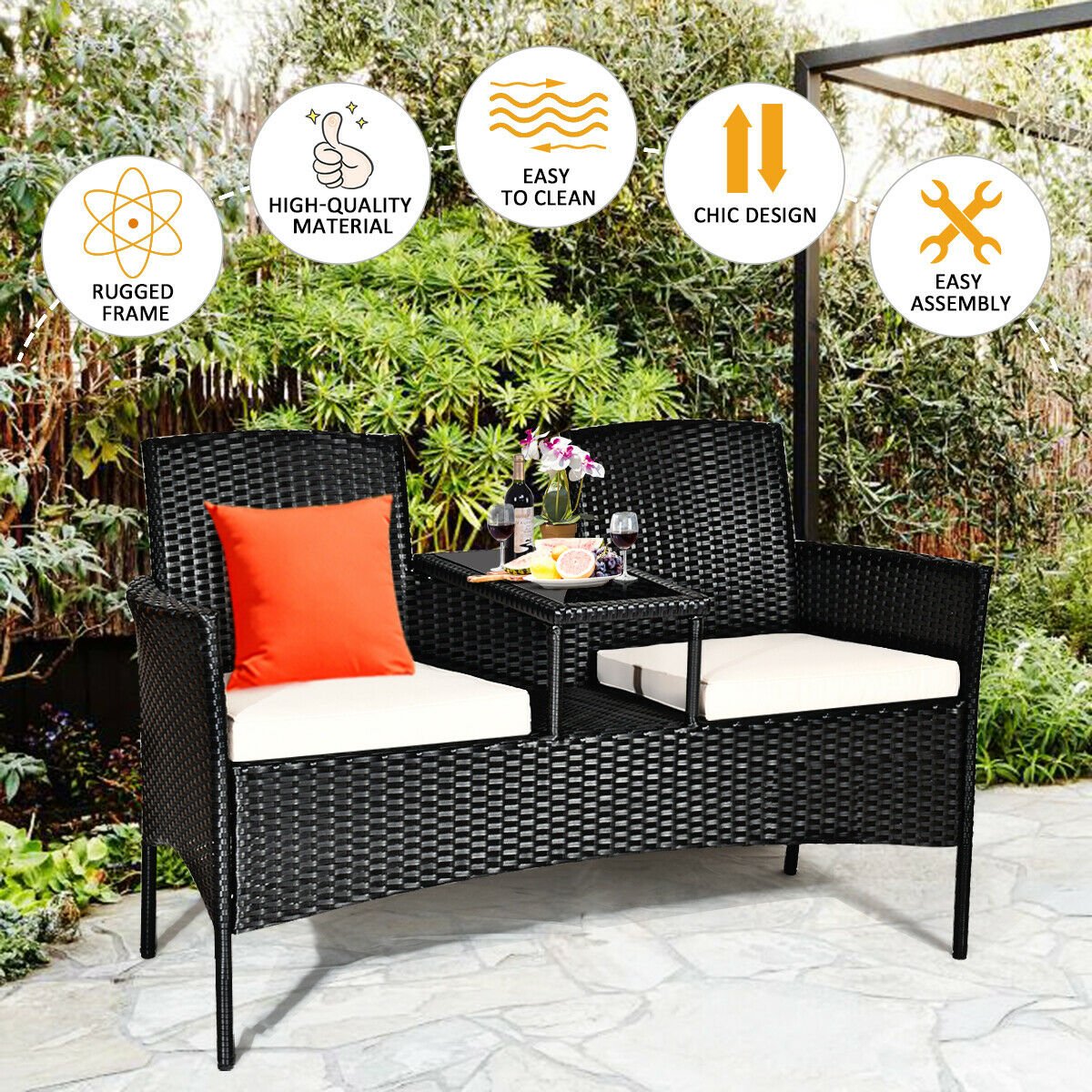 Wicker Patio Conversation Furniture Set with Removable Cushions and Table, White Patio Conversation Sets   at Gallery Canada