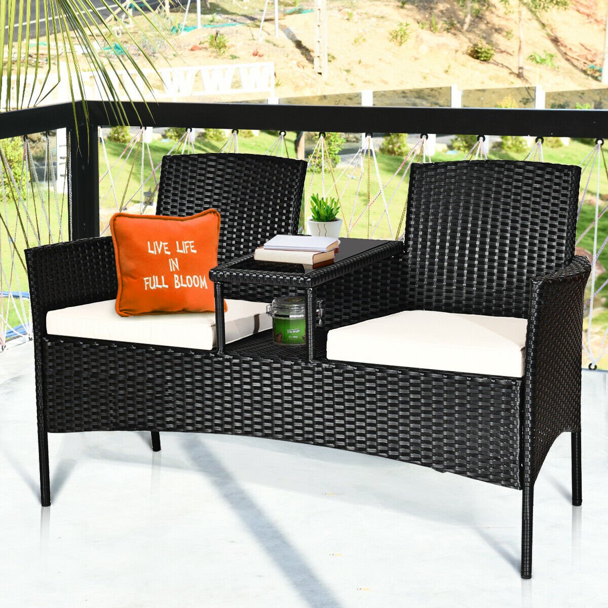 Wicker Patio Conversation Furniture Set with Removable Cushions and Table, White Patio Conversation Sets   at Gallery Canada