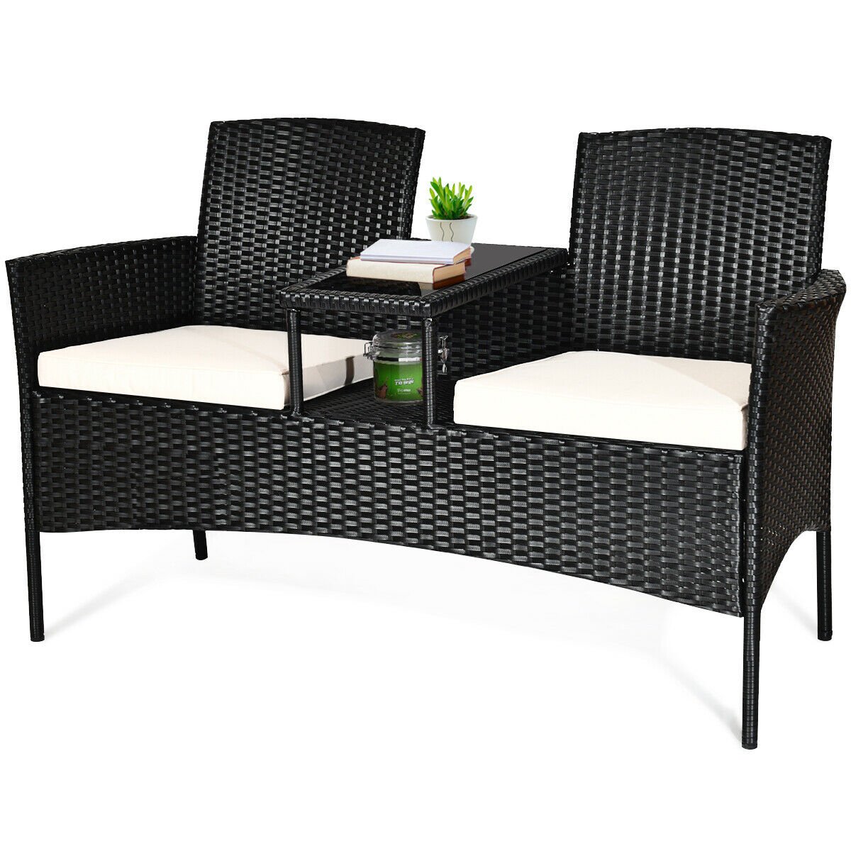 Wicker Patio Conversation Furniture Set with Removable Cushions and Table, White Patio Conversation Sets   at Gallery Canada