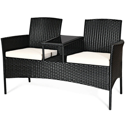 Wicker Patio Conversation Furniture Set with Removable Cushions and Table, White