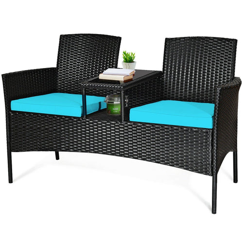 Wicker Patio Conversation Furniture Set with Removable Cushions and Table, Turquoise