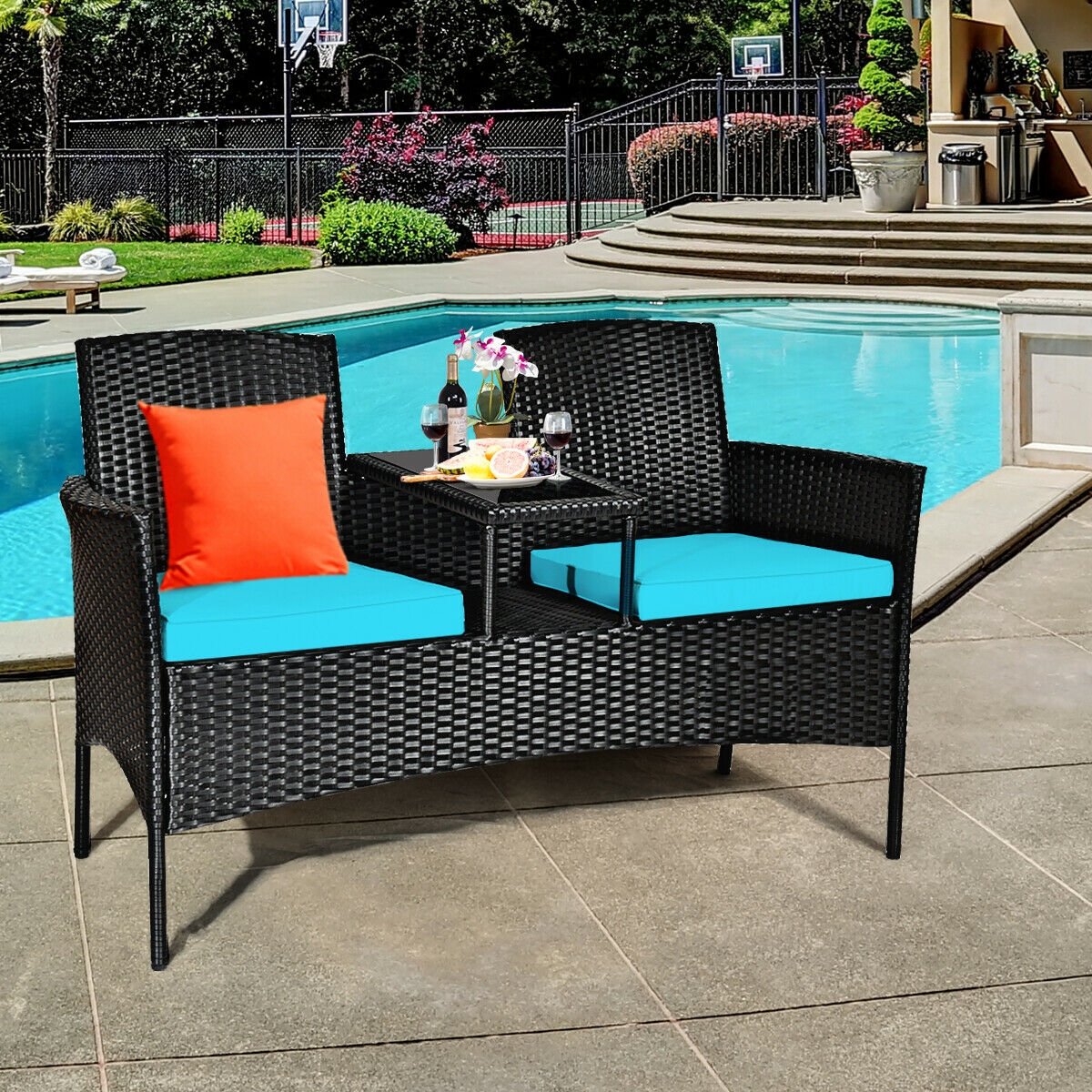 Wicker Patio Conversation Furniture Set with Removable Cushions and Table, Turquoise Patio Conversation Sets   at Gallery Canada