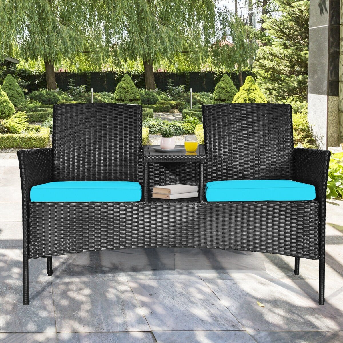 Wicker Patio Conversation Furniture Set with Removable Cushions and Table, Turquoise Patio Conversation Sets   at Gallery Canada