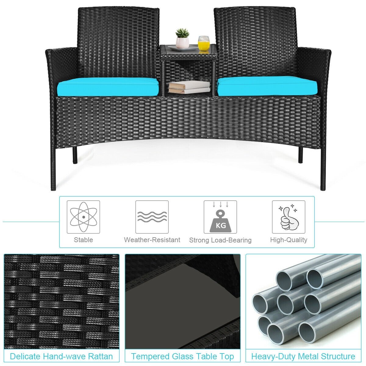 Wicker Patio Conversation Furniture Set with Removable Cushions and Table, Turquoise Patio Conversation Sets   at Gallery Canada