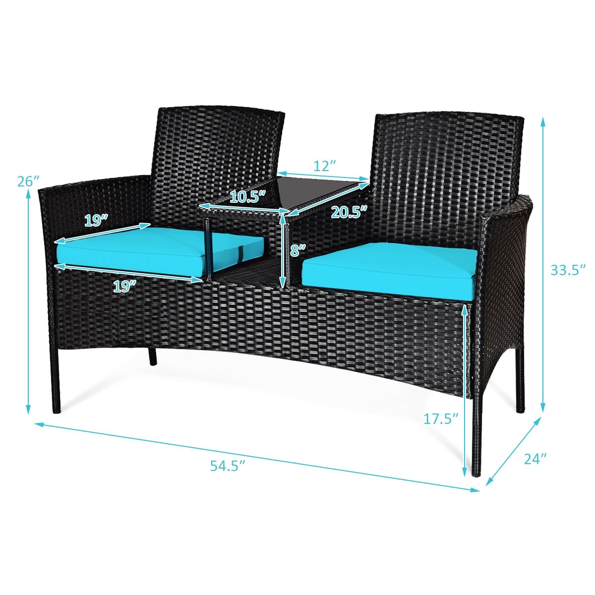 Wicker Patio Conversation Furniture Set with Removable Cushions and Table, Turquoise Patio Conversation Sets   at Gallery Canada