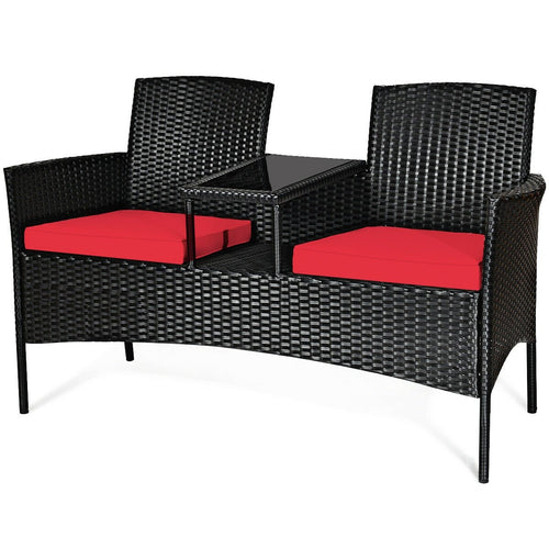 Wicker Patio Conversation Furniture Set with Removable Cushions and Table, Red