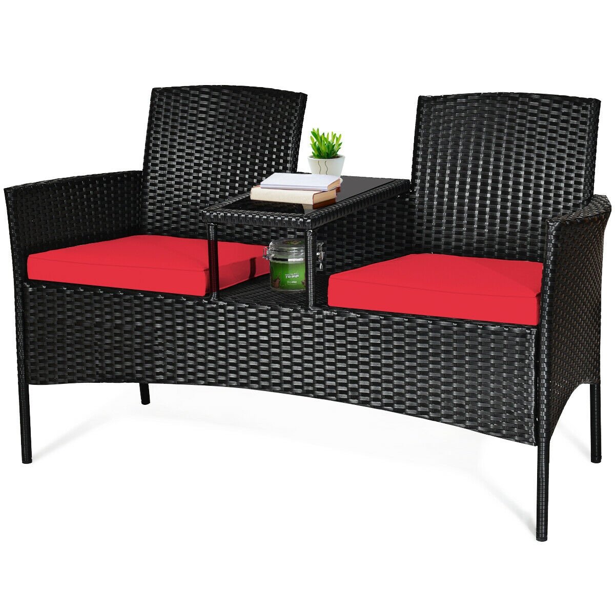 Wicker Patio Conversation Furniture Set with Removable Cushions and Table, Red Patio Conversation Sets   at Gallery Canada