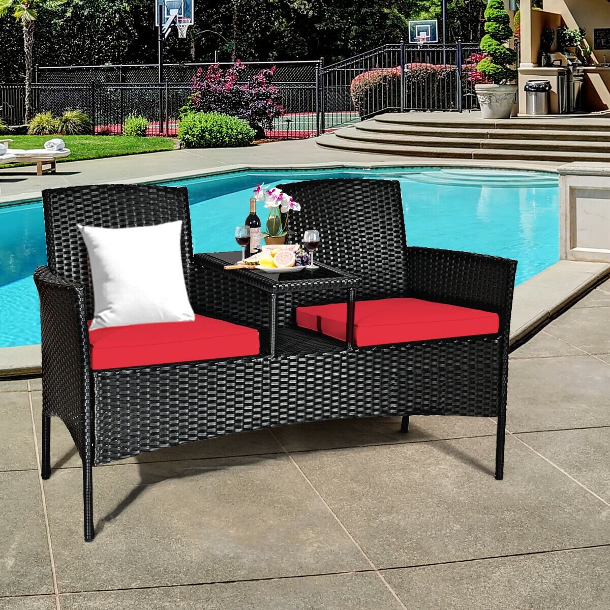 Wicker Patio Conversation Furniture Set with Removable Cushions and Table, Red Patio Conversation Sets   at Gallery Canada