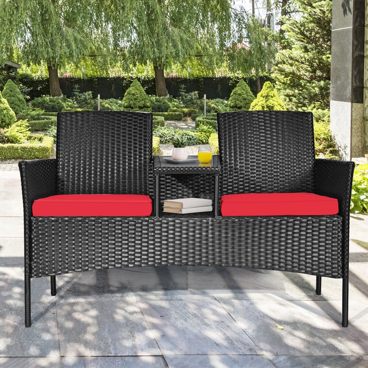 Wicker Patio Conversation Furniture Set with Removable Cushions and Table, Red Patio Conversation Sets   at Gallery Canada