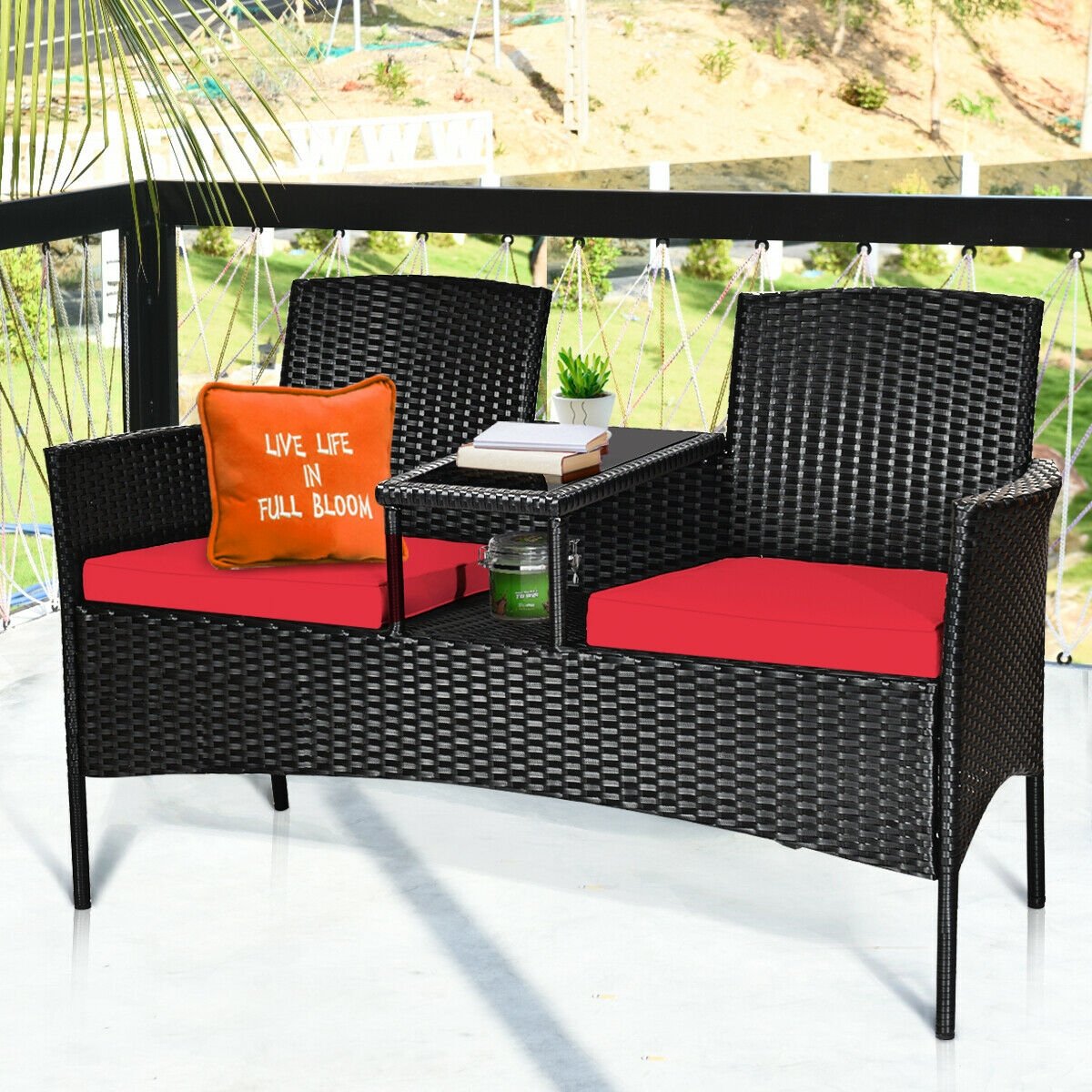 Wicker Patio Conversation Furniture Set with Removable Cushions and Table, Red Patio Conversation Sets   at Gallery Canada