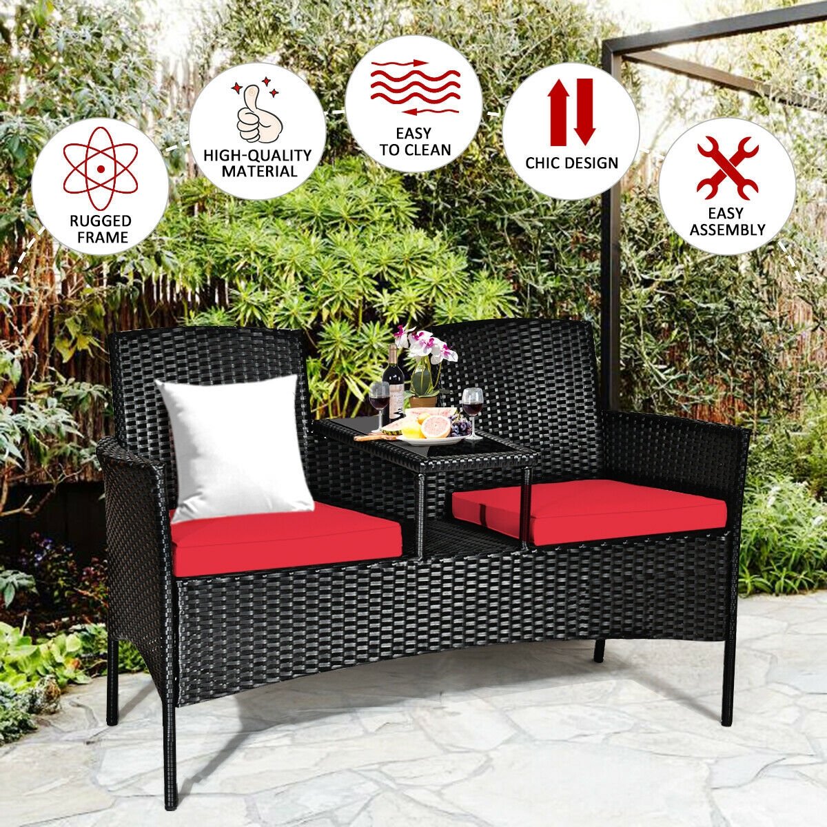 Wicker Patio Conversation Furniture Set with Removable Cushions and Table, Red Patio Conversation Sets   at Gallery Canada