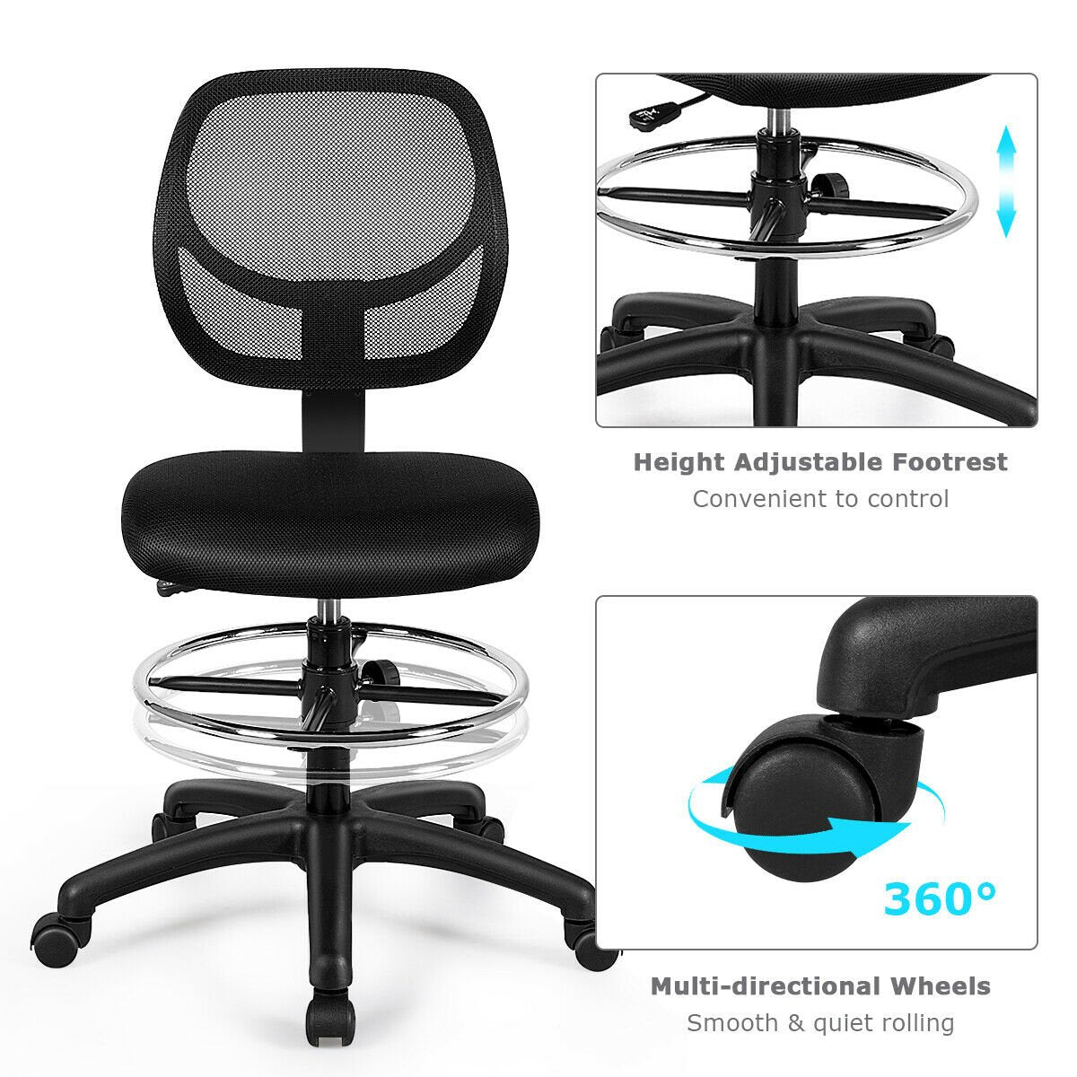 Adjustable Height Mid Back Mesh Drafting Office Chair, Black Mesh Chairs   at Gallery Canada