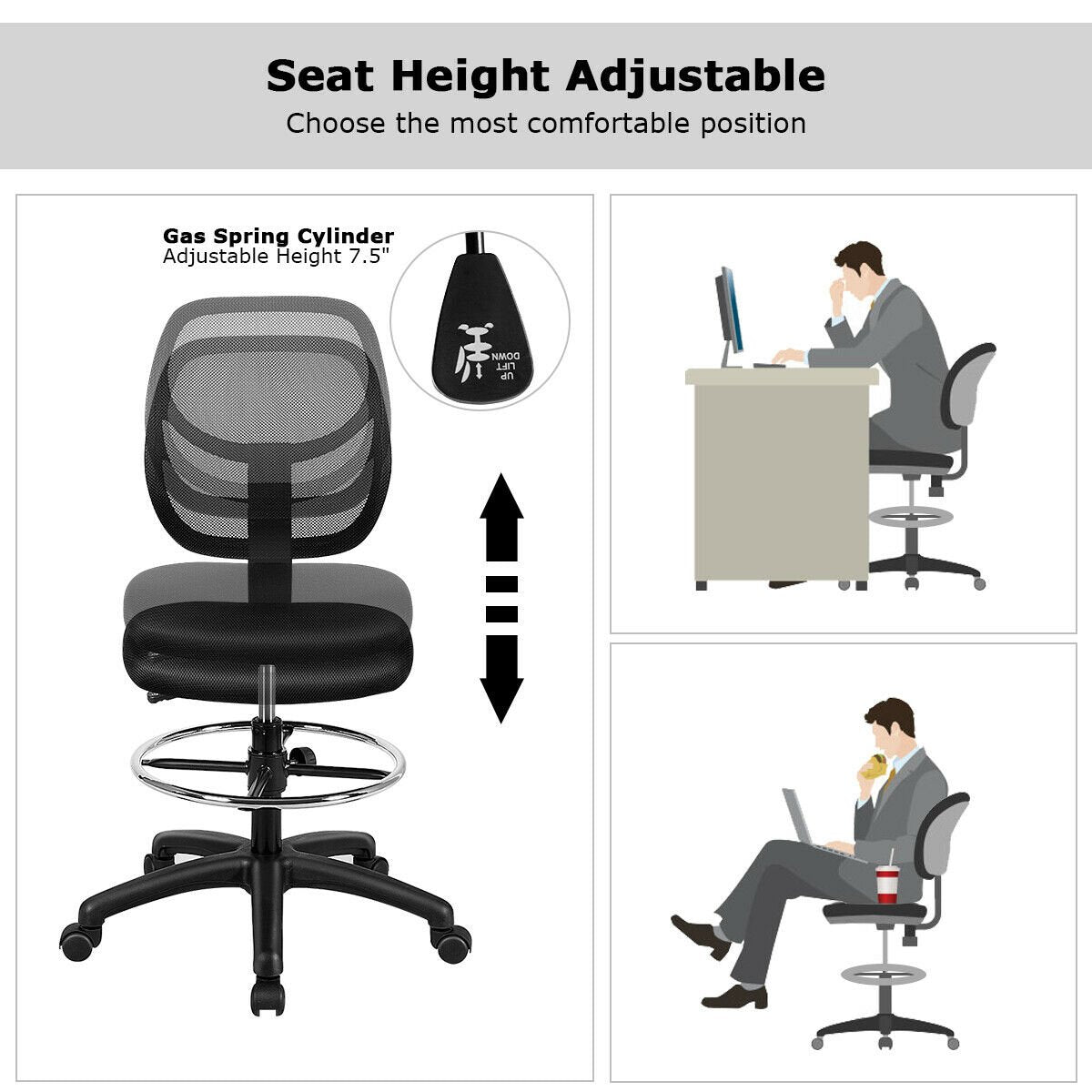 Adjustable Height Mid Back Mesh Drafting Office Chair, Black Mesh Chairs   at Gallery Canada