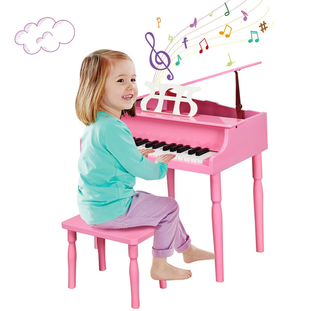 30-Key Wood Toy Kids Grand Piano with Bench and Music Rack, Pink Pianos & Keyboards   at Gallery Canada