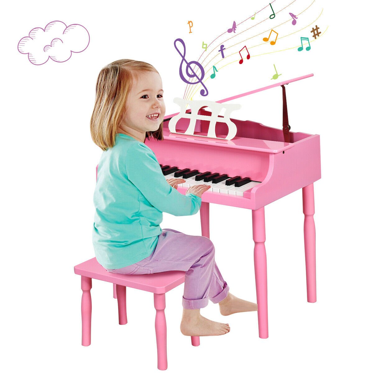30-Key Wood Toy Kids Grand Piano with Bench and Music Rack, Pink - Gallery Canada