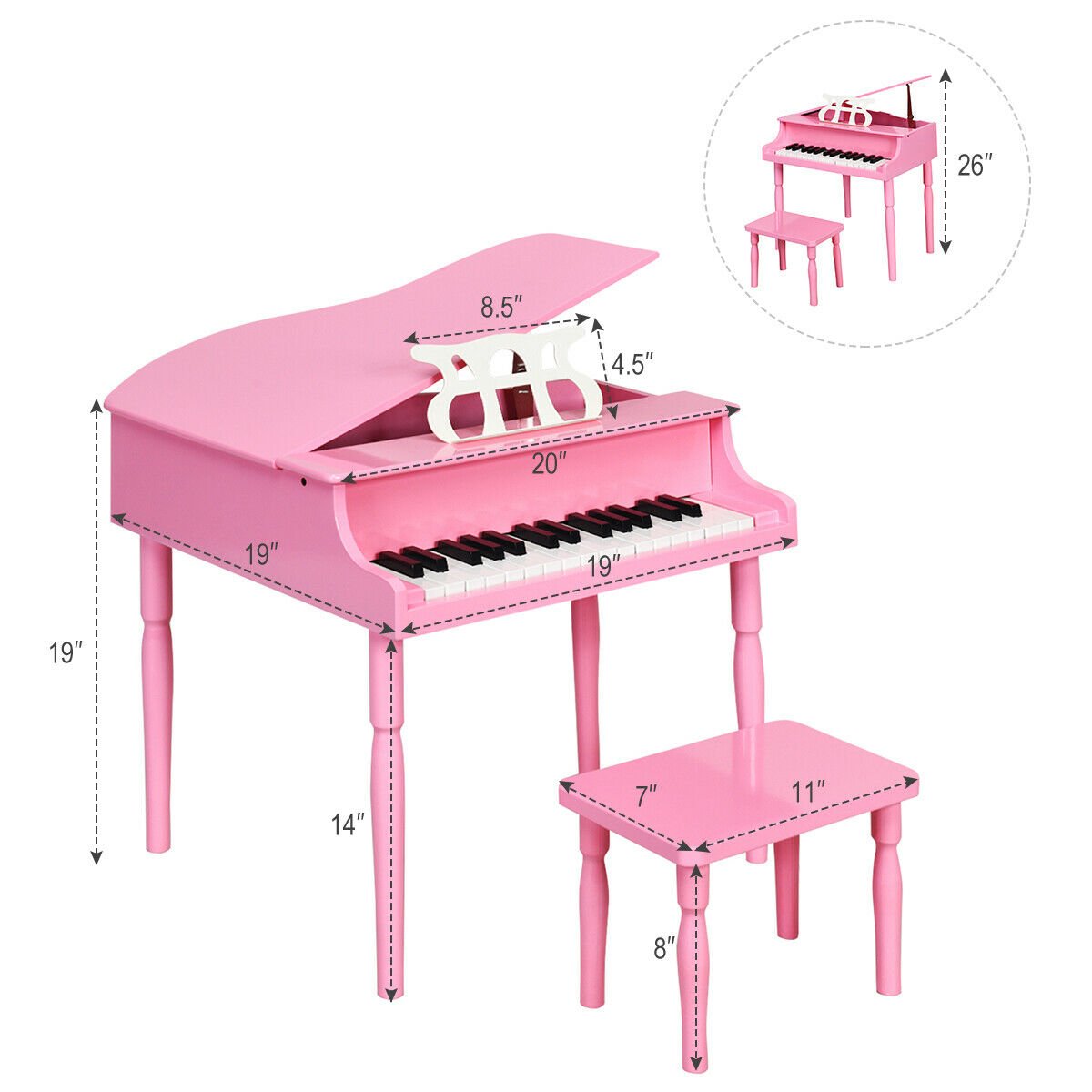 30-Key Wood Toy Kids Grand Piano with Bench and Music Rack, Pink Pianos & Keyboards   at Gallery Canada