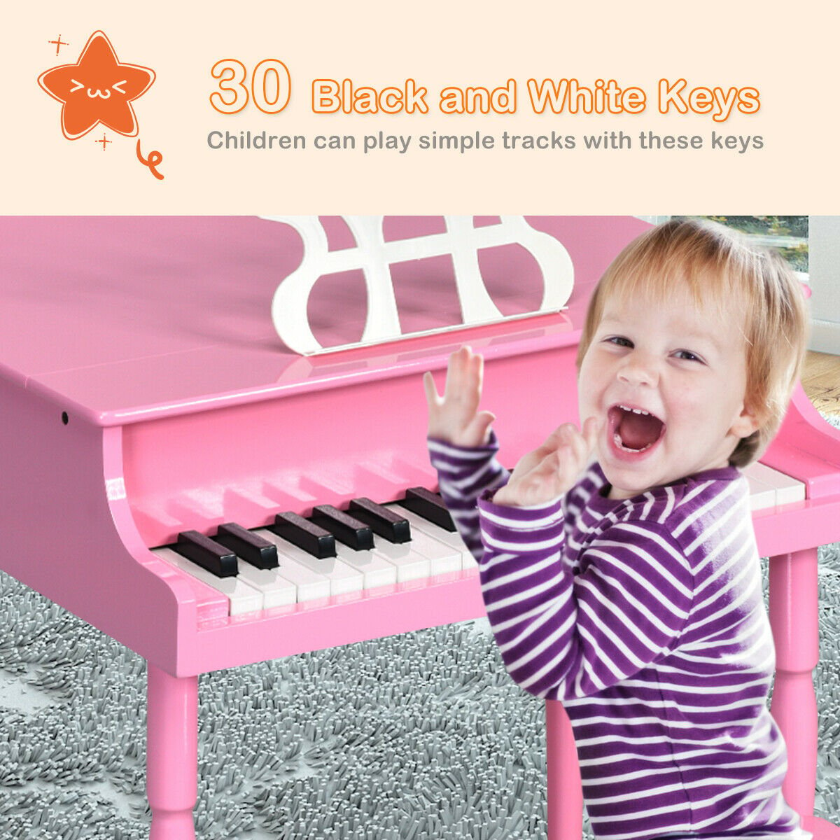 30-Key Wood Toy Kids Grand Piano with Bench and Music Rack, Pink Pianos & Keyboards   at Gallery Canada