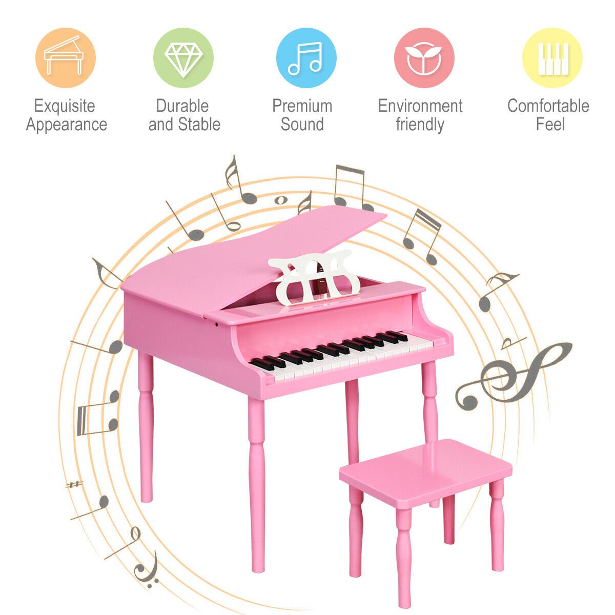 30-Key Wood Toy Kids Grand Piano with Bench and Music Rack, Pink Pianos & Keyboards   at Gallery Canada