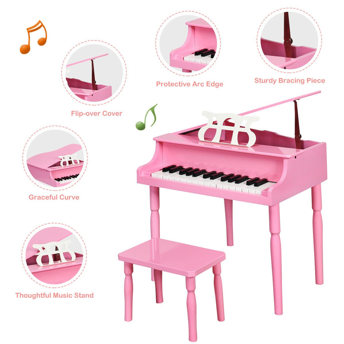 30-Key Wood Toy Kids Grand Piano with Bench and Music Rack, Pink Pianos & Keyboards   at Gallery Canada