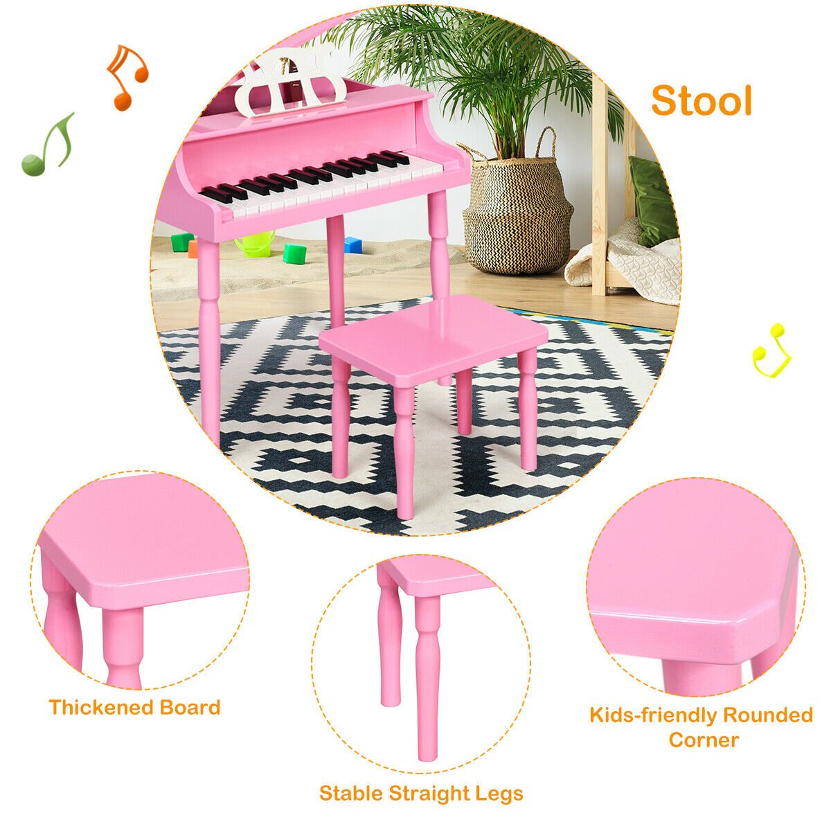 30-Key Wood Toy Kids Grand Piano with Bench and Music Rack, Pink - Gallery Canada