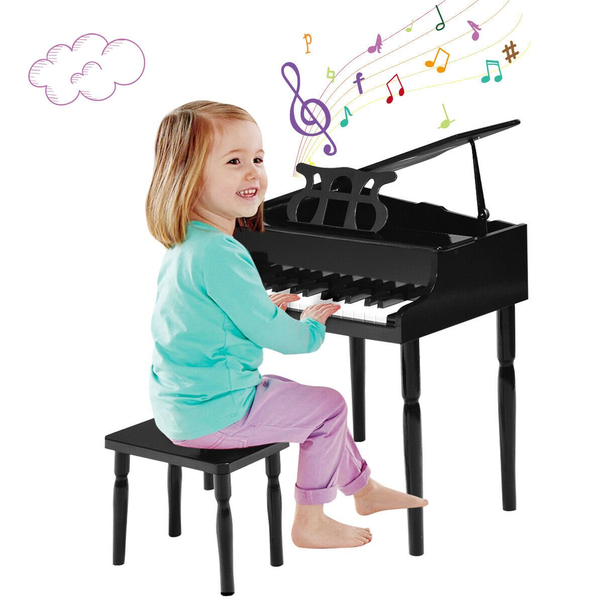 30-Key Wood Toy Kids Grand Piano with Bench and Music Rack, Black Pianos & Keyboards   at Gallery Canada