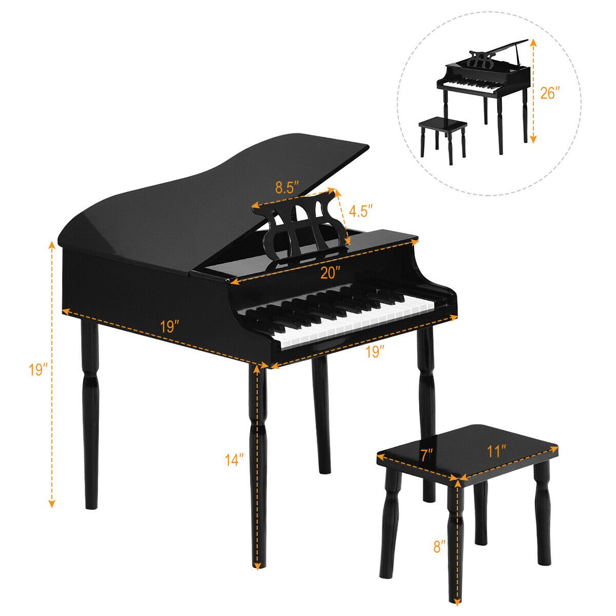 30-Key Wood Toy Kids Grand Piano with Bench and Music Rack, Black Pianos & Keyboards   at Gallery Canada