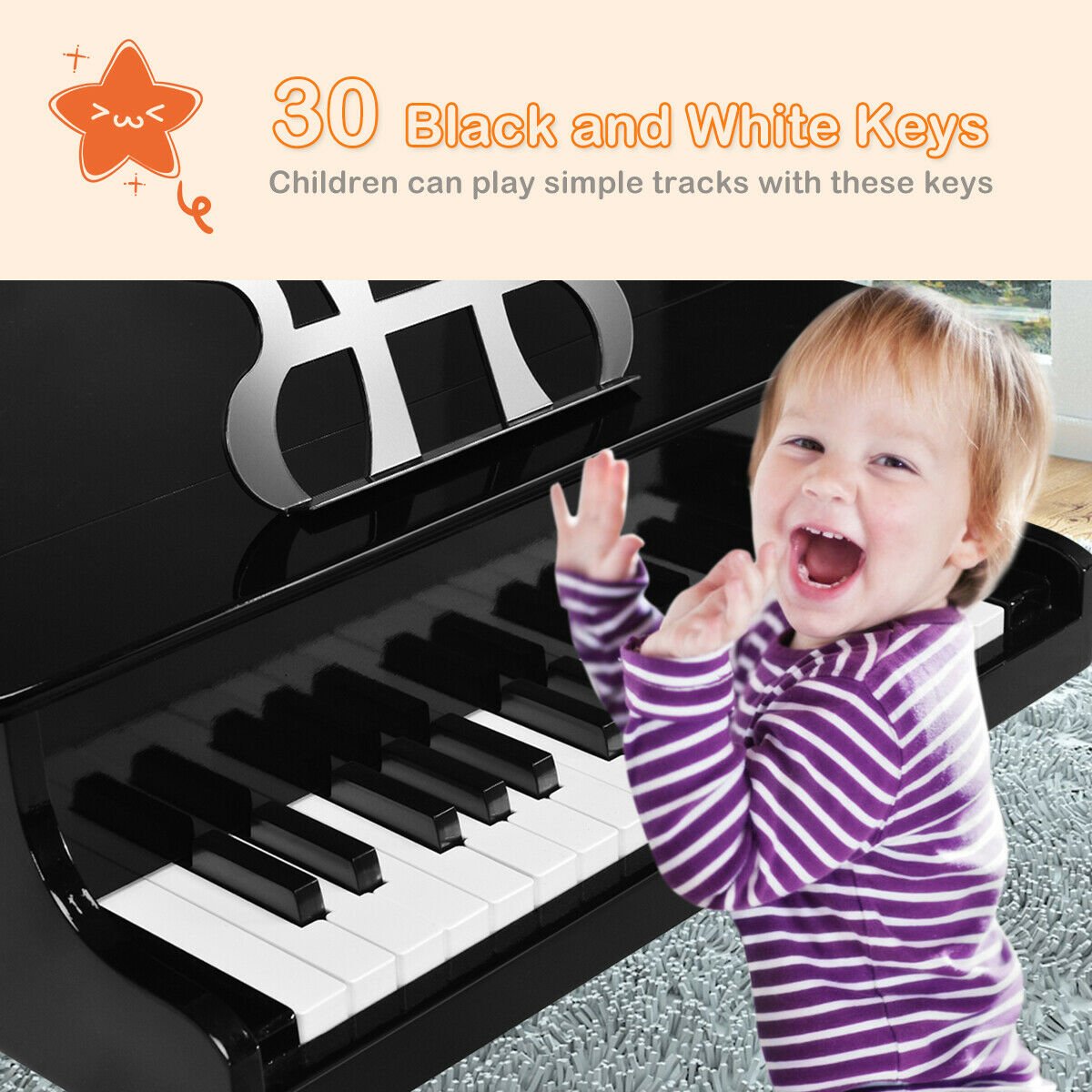 30-Key Wood Toy Kids Grand Piano with Bench and Music Rack, Black Pianos & Keyboards   at Gallery Canada