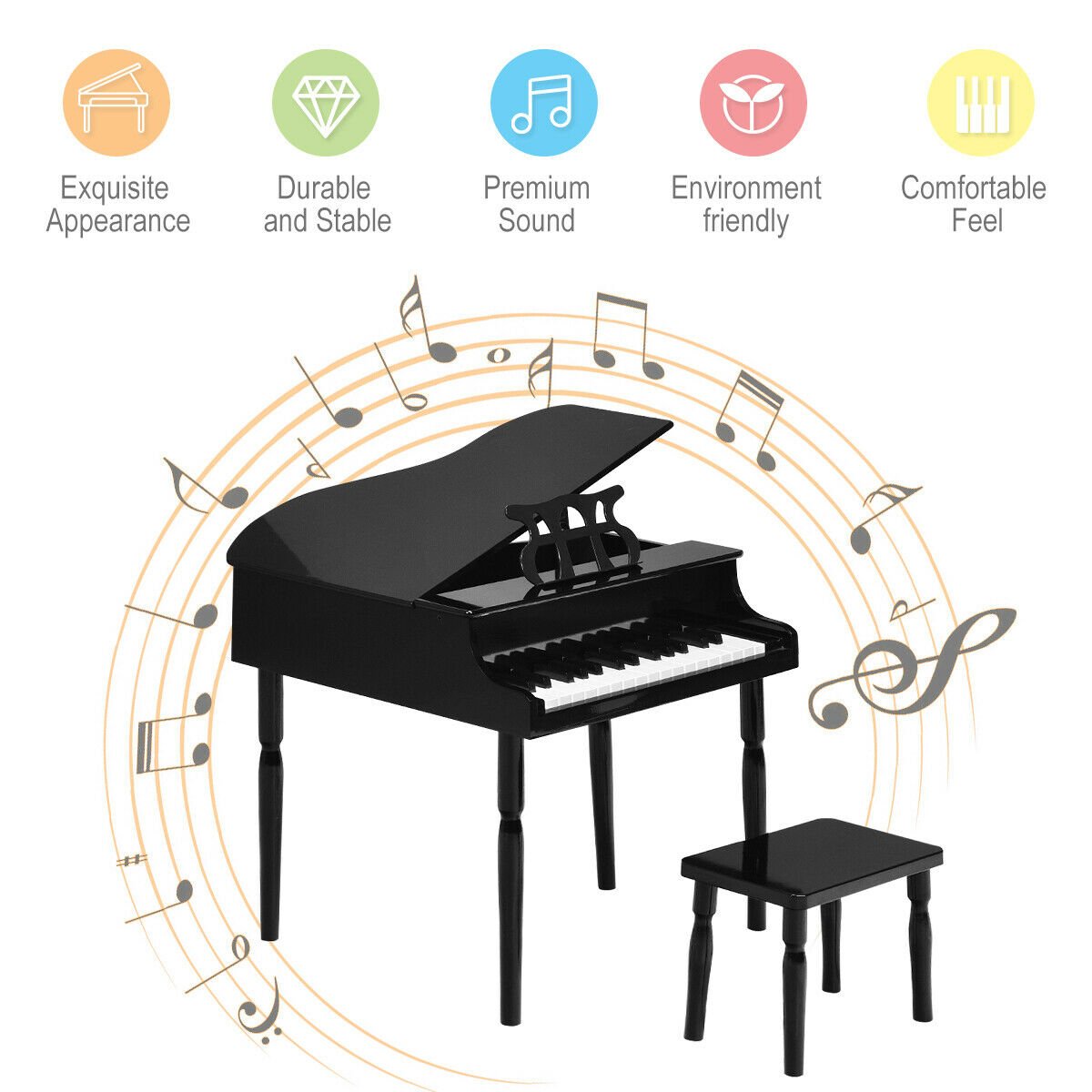 30-Key Wood Toy Kids Grand Piano with Bench and Music Rack, Black Pianos & Keyboards   at Gallery Canada