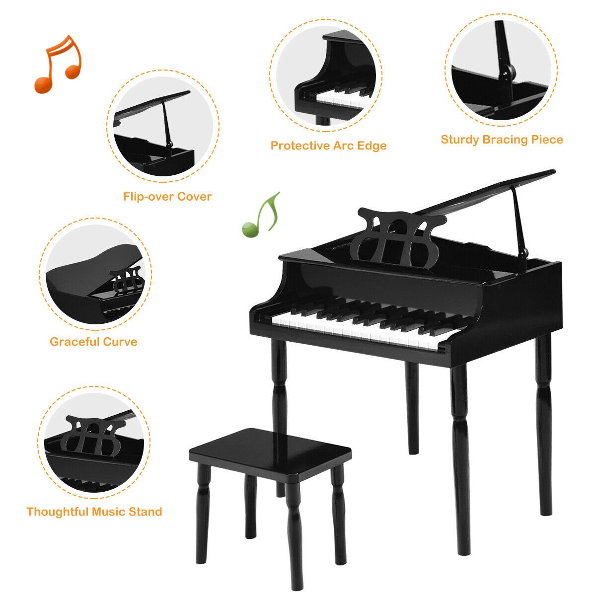 30-Key Wood Toy Kids Grand Piano with Bench and Music Rack, Black Pianos & Keyboards   at Gallery Canada