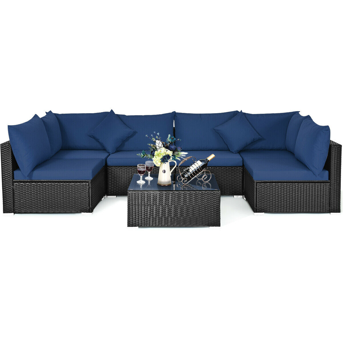 7 Pieces Outdoor Wicker Patio Sofa Set with 2 Pillows and Cushions, Navy Outdoor Sectionals   at Gallery Canada